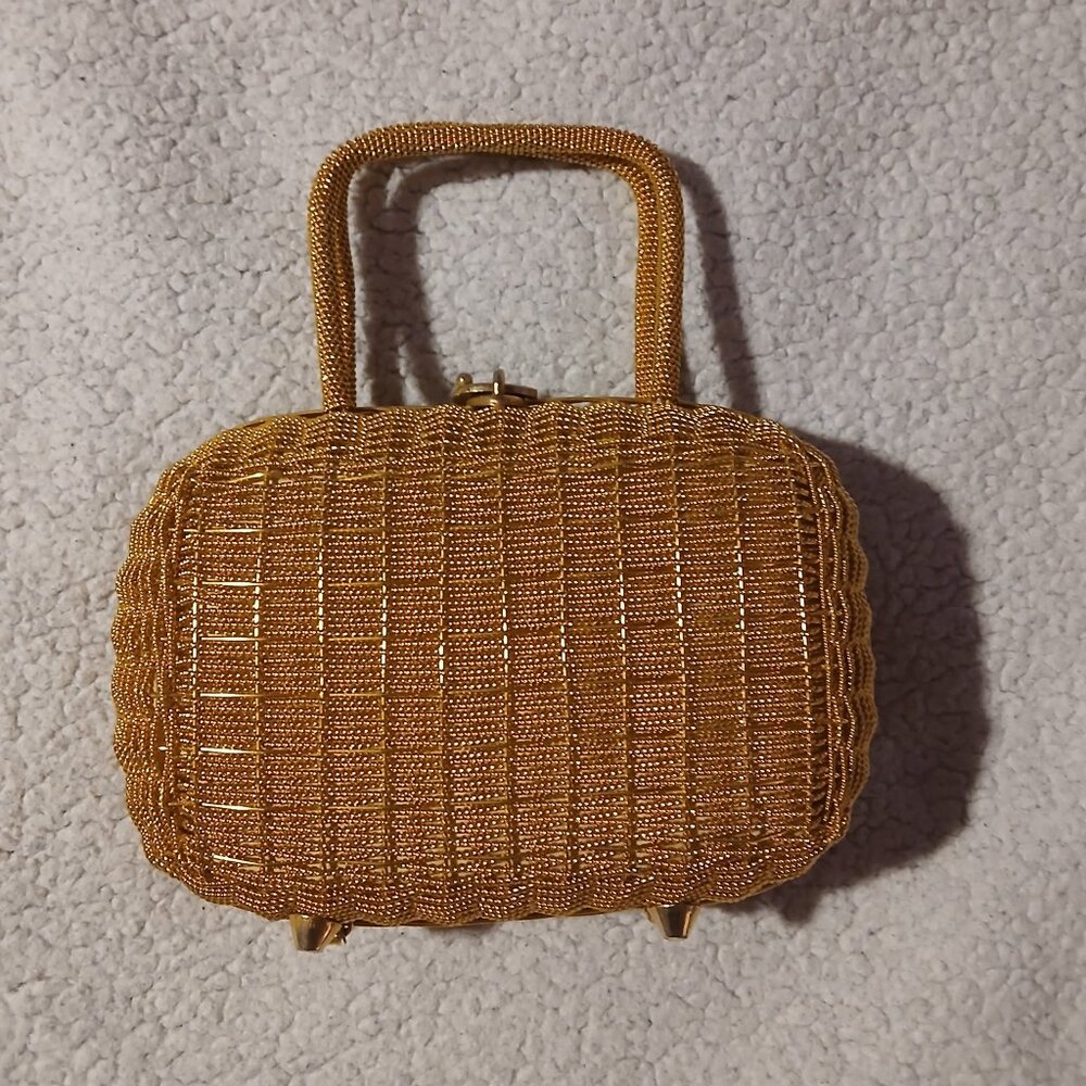 Gold Beaded Top-Handle Evening Bag